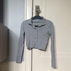 Gray Cropped Ribbed Long Sleeve Polo